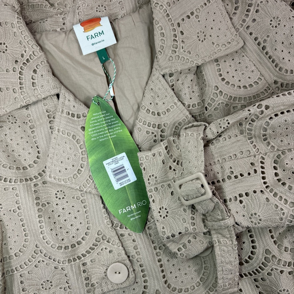 Farm Coat Womens L‎ Khaki Pineapple Cotton Eyelet Trench Coat Khaki  NEW Jacket